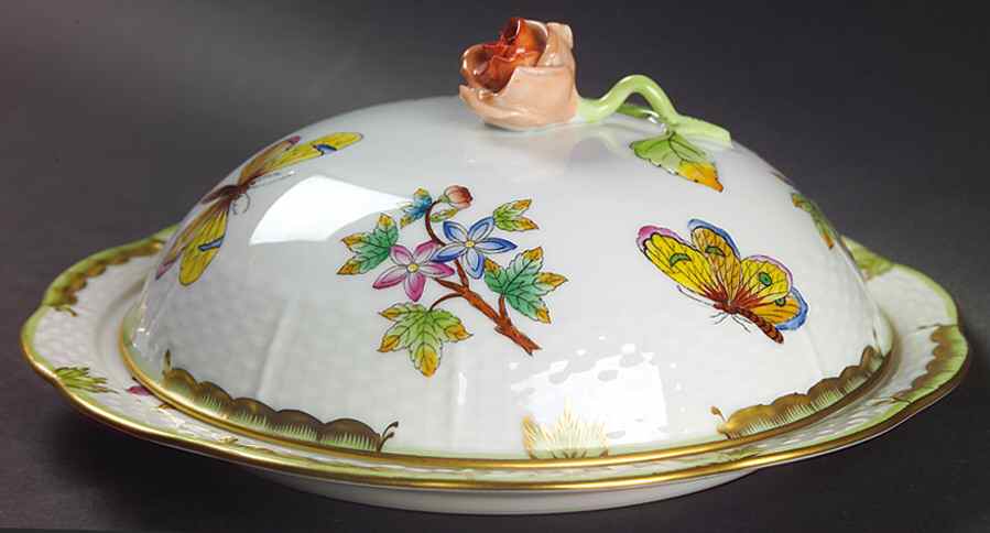 Queen Victoria (Green Border) Muffin Dish & Lid by Herend-1