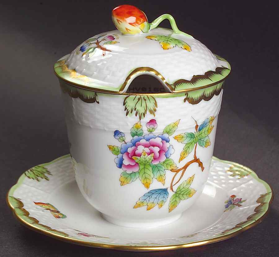 Queen Victoria (Green Border) Jam/Jelly & Lid w/Attached Underplate by Herend-1