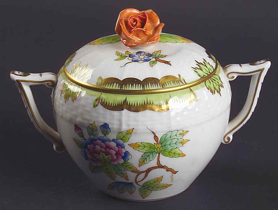 Queen Victoria (Green Border) Sugar Bowl & Lid by Herend-1