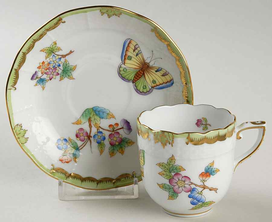 Queen Victoria (Green Border) Flat Demitasse Cup & Saucer Set by Herend-1
