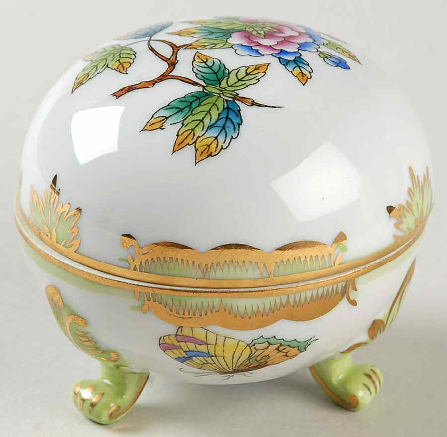Queen Victoria (Green Border) 3" Round Bon Bon & Lid by Herend-1