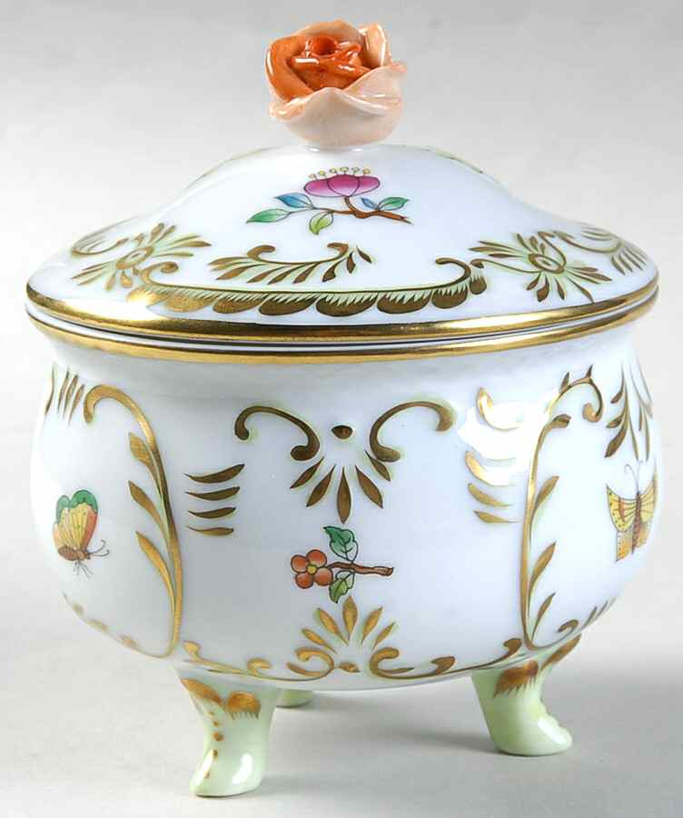Queen Victoria (Green Border) 3" 3 Toed Bon Bon & Lid by Herend-1