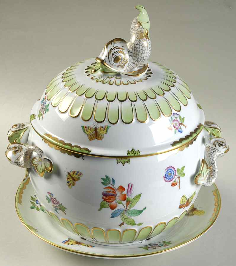 Queen Victoria (Green Border) Dolphin Tureen wLid & Underplate by Herend-1