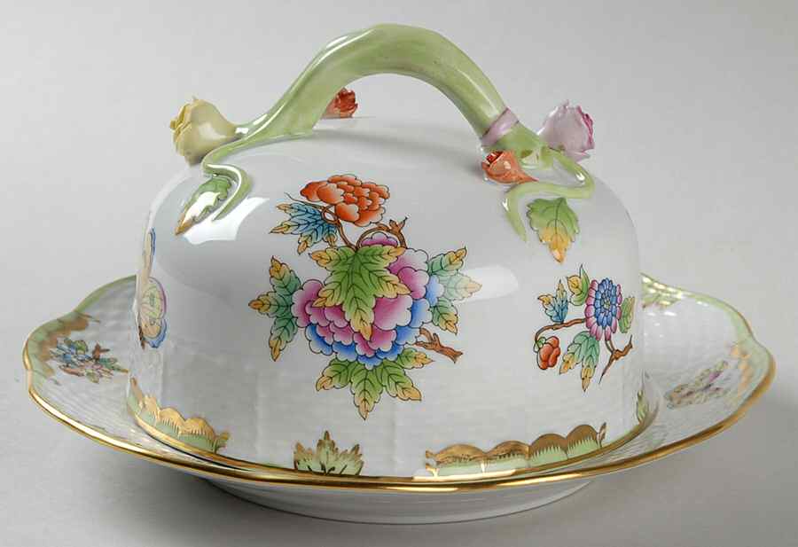 Queen Victoria (Green Border) Round Cheese Dish & Lid by Herend-1