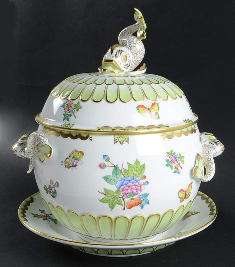 Queen Victoria (Green Border) 4 Qt Dolphin Tureen w/Lid & Underplate by Herend-1