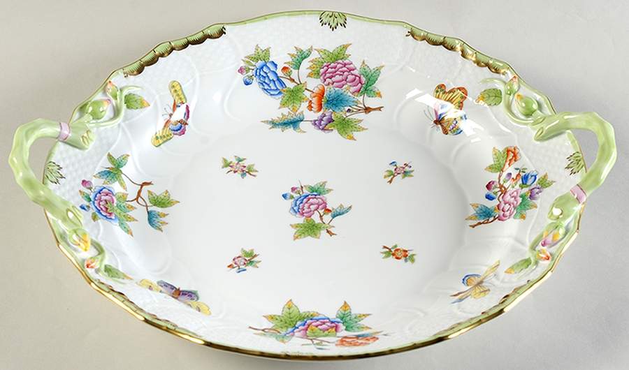 Queen Victoria (Green Border) 14" Handled Chop Plate (Round Platter) by Herend-1