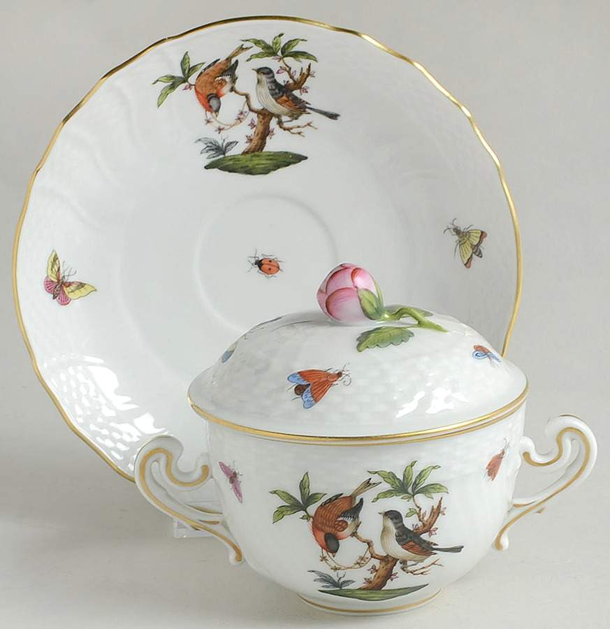 Rothschild Bird (RO) Cream Soup & Saucer Set with Lid by Herend-1