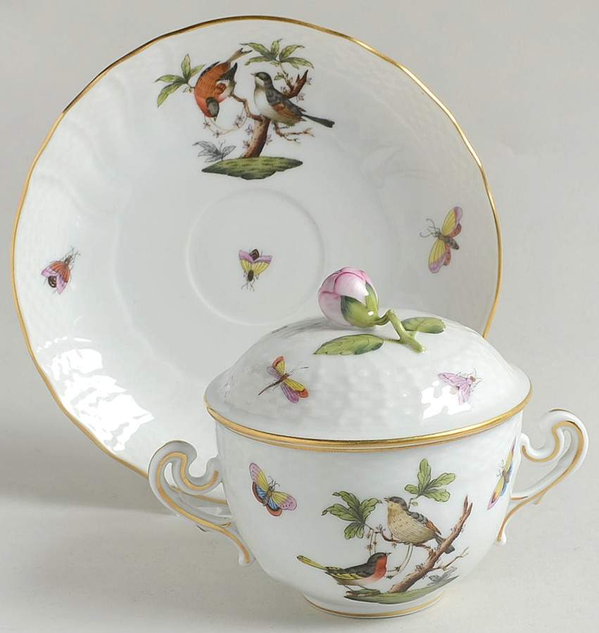 Rothschild Bird (RO) Cream Soup Bowl & Saucer Set with Lid by Herend-1