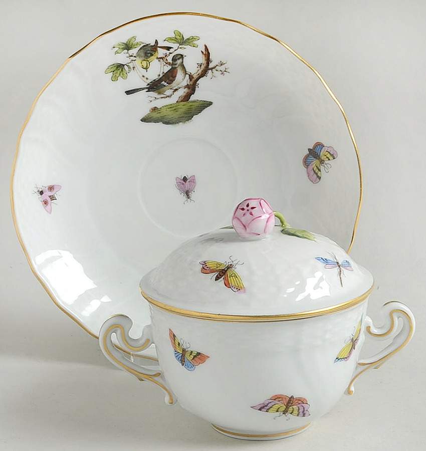 Rothschild Bird (RO) Cream Soup Bowl & Saucer Set with Lid by Herend-1