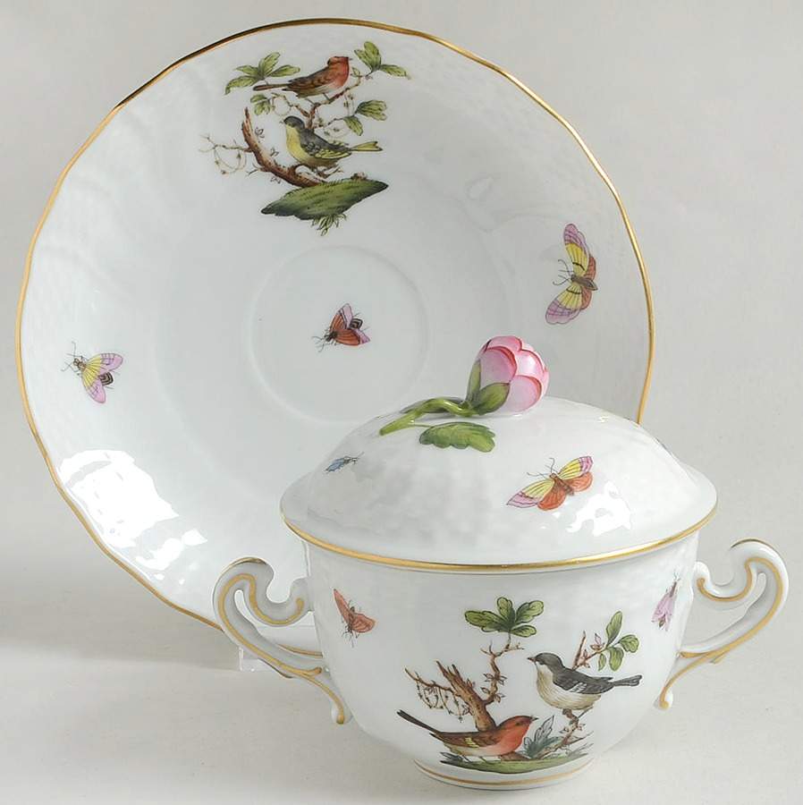 Rothschild Bird (RO) Cream Soup Bowl & Saucer Set with Lid by Herend-1
