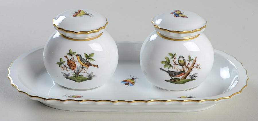 Rothschild Bird (RO) Ink Well Set (2 Oval Ink Wells & Underplates) by Herend-1