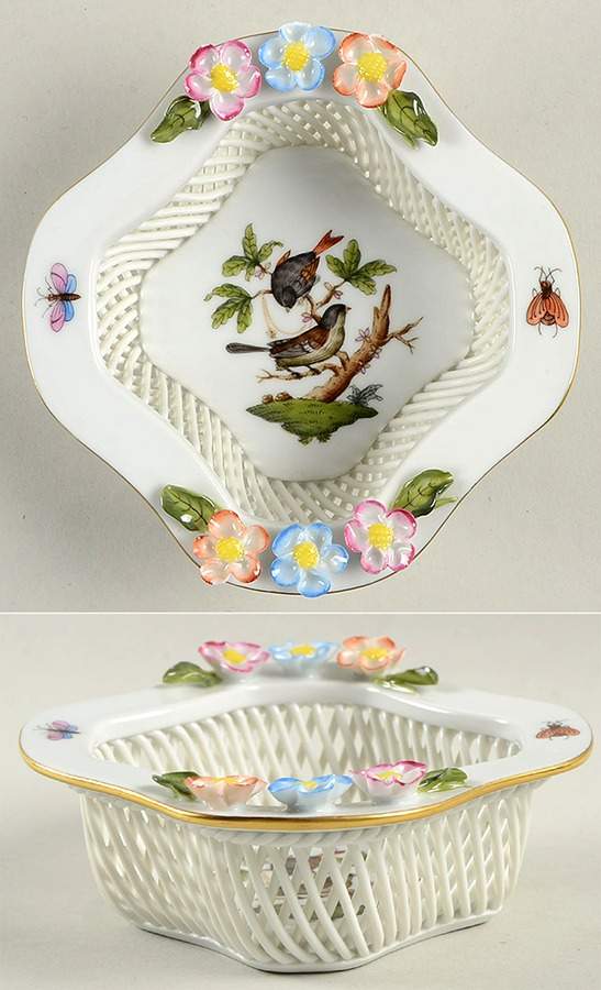 Rothschild Bird (RO) 4" Square Open Weave Basket by Herend-1