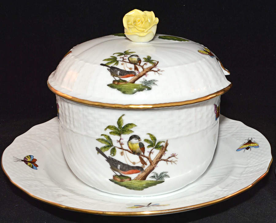 Rothschild Bird (RO) Jam/Jelly & Lid w/Attached Underplate by Herend-1