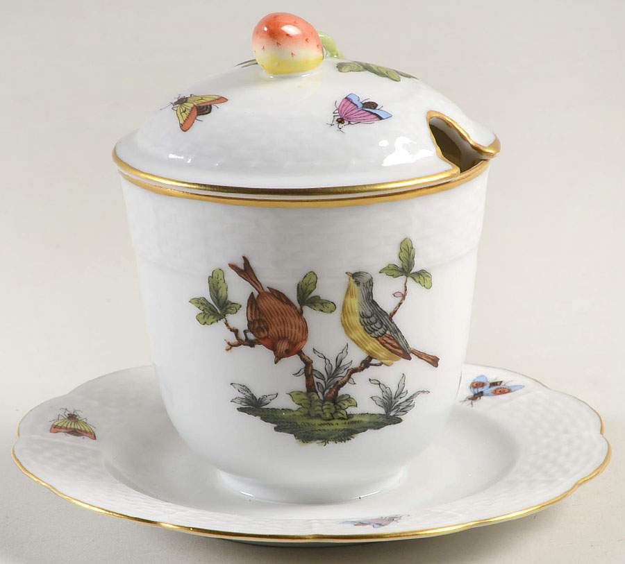 Rothschild Bird (RO) Jam/Jelly & Lid w/Attached Underplate by Herend-1