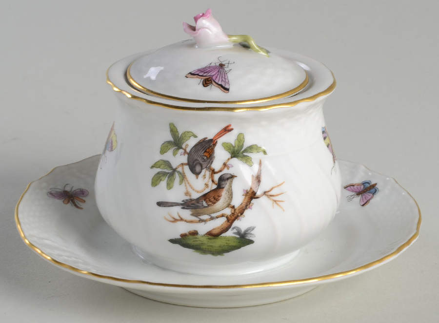 Rothschild Bird (RO) Ink Pot with Lid, Insert & Attached Tray by Herend-1