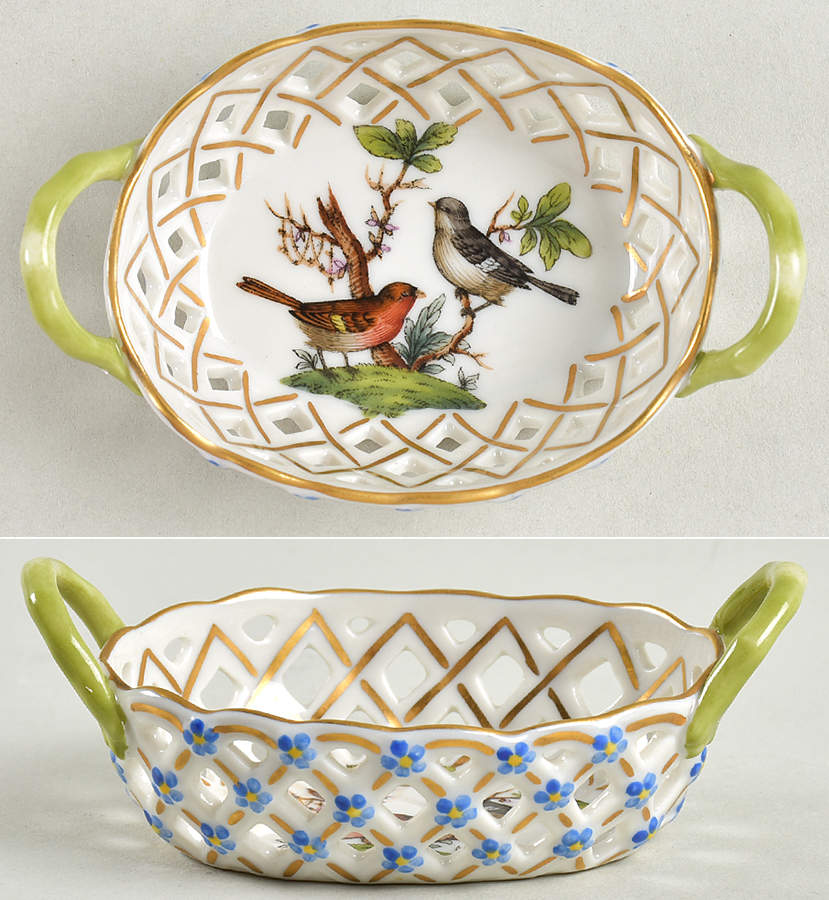 Rothschild Bird (RO) 3" Oval Handled Open Weave Basket by Herend-1