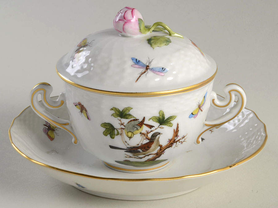 Rothschild Bird (RO) Cream Soup Bowl & Saucer Set with Lid by Herend-1