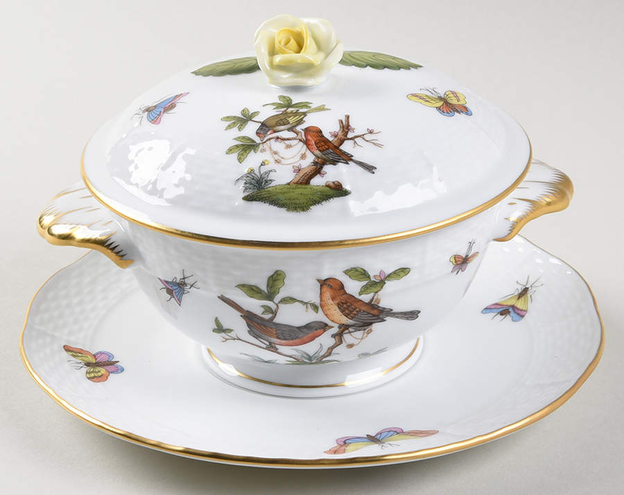 Rothschild Bird (RO) Cream Soup Bowl & Saucer Set with LId by Herend-1