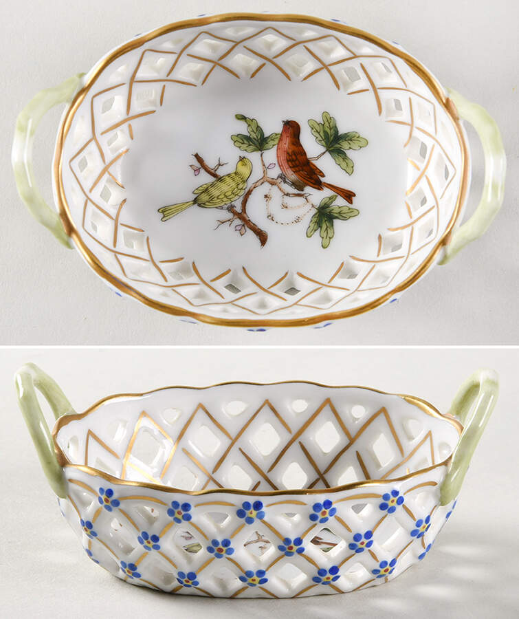 Rothschild Bird (RO) 3" Oval Handled Open Weave Basket by Herend-1