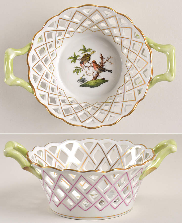 Rothschild Bird (RO) 5" Round Open Weave Basket with Handles by Herend-1