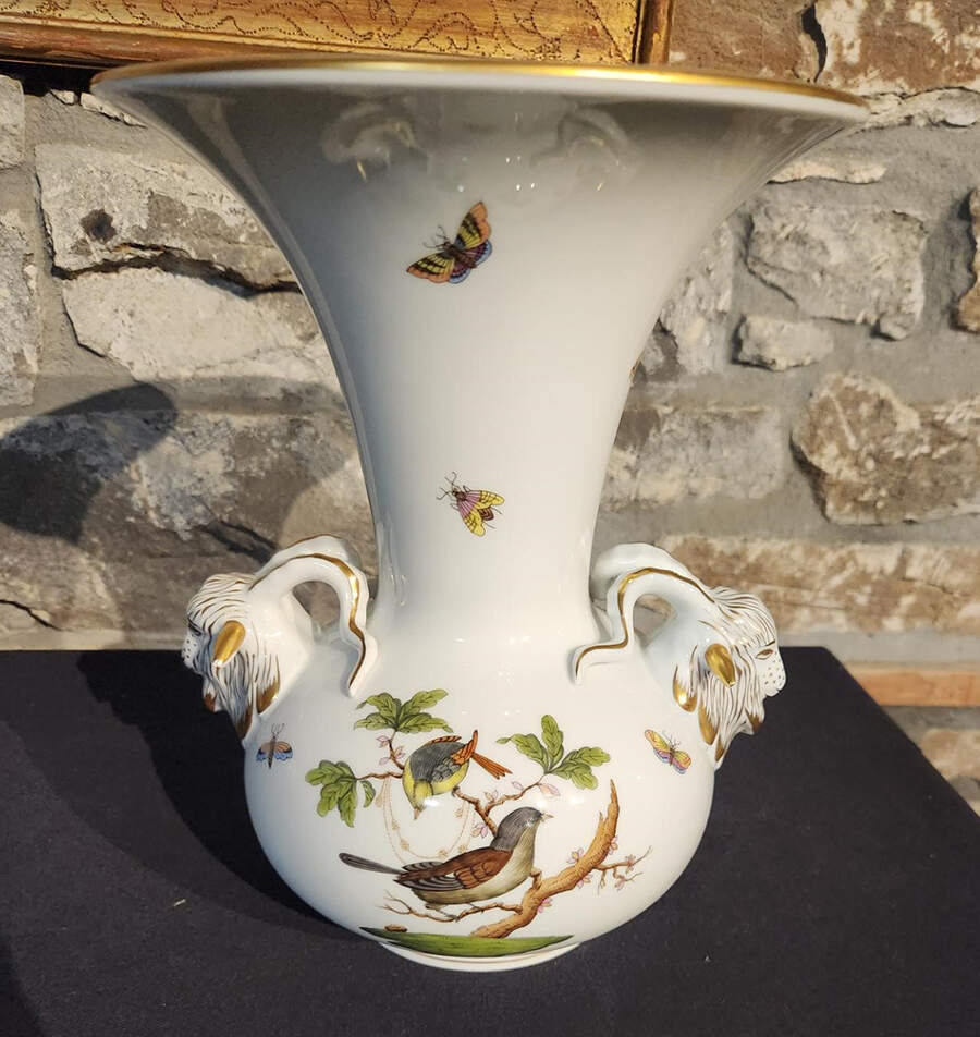 Rothschild Bird (RO) 10" Vase with Ram's Head Handles by Herend-1