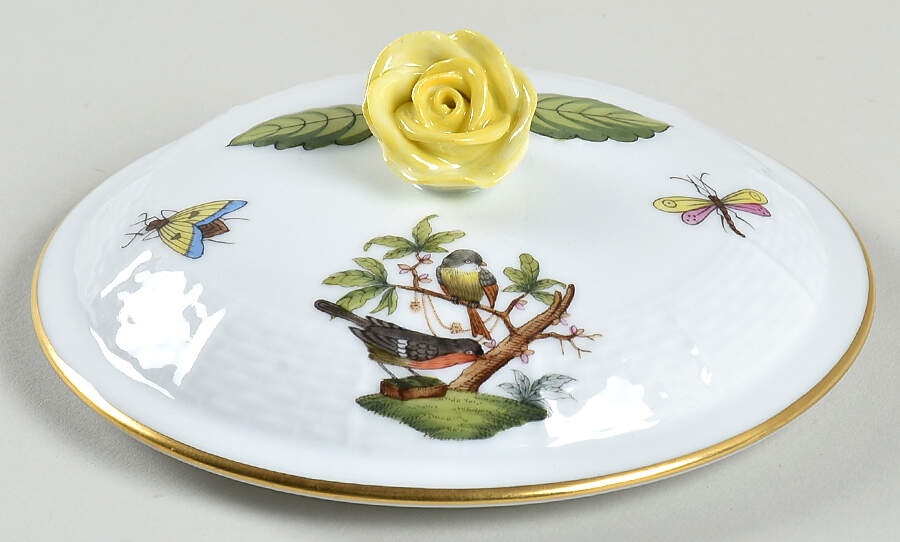 Rothschild Bird (RO) Lid w/Yellow Rose Finial for Cream Soup Bowl by Herend-1