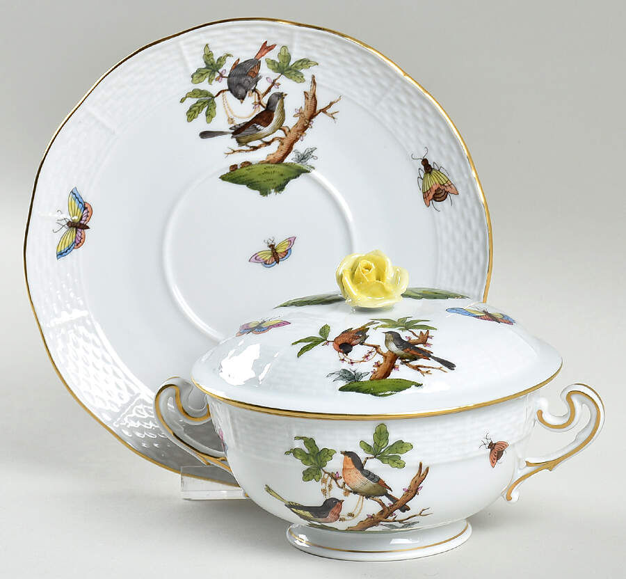 Rothschild Bird (RO) Cream Soup Bowl & Saucer Set with Lid by Herend-1