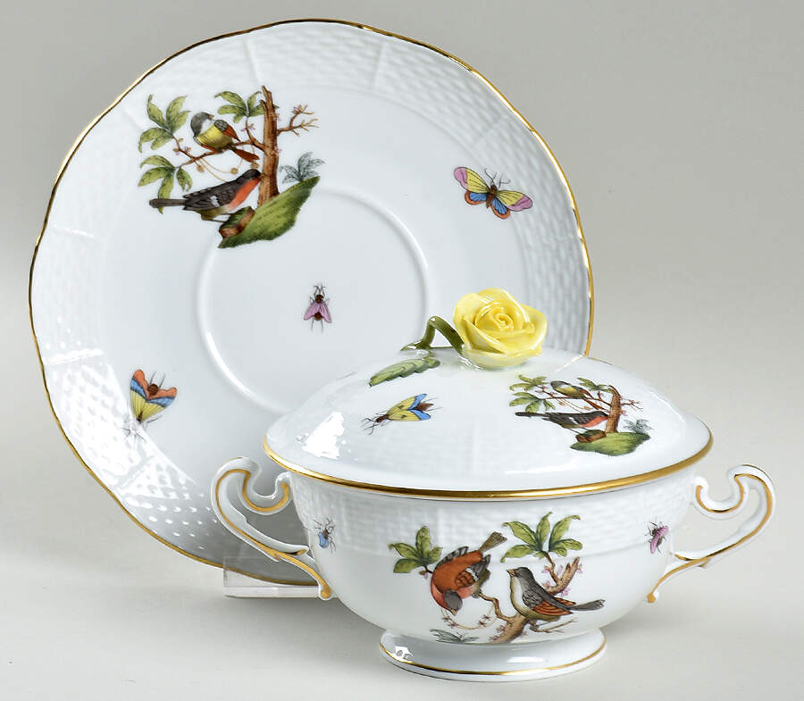 Rothschild Bird (RO) Cream Soup Bowl & Saucer Set with Lid by Herend-1