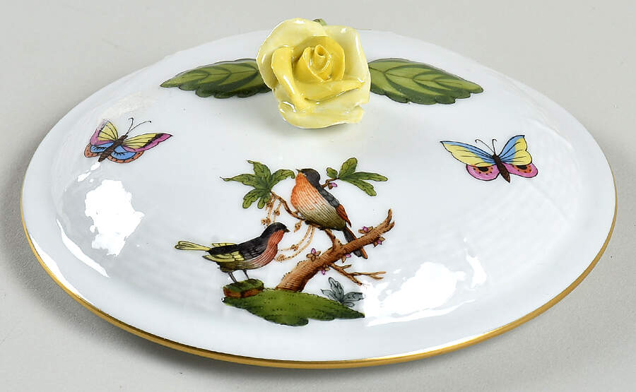 Rothschild Bird (RO) Lid w/Yellow Rose Finial for Cream Soup Bowl by Herend-1