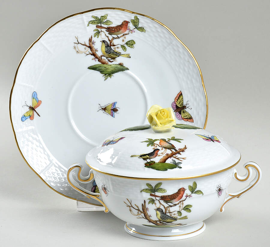 Rothschild Bird (RO) Cream Soup Bowl & Saucer Set with Lid by Herend-1