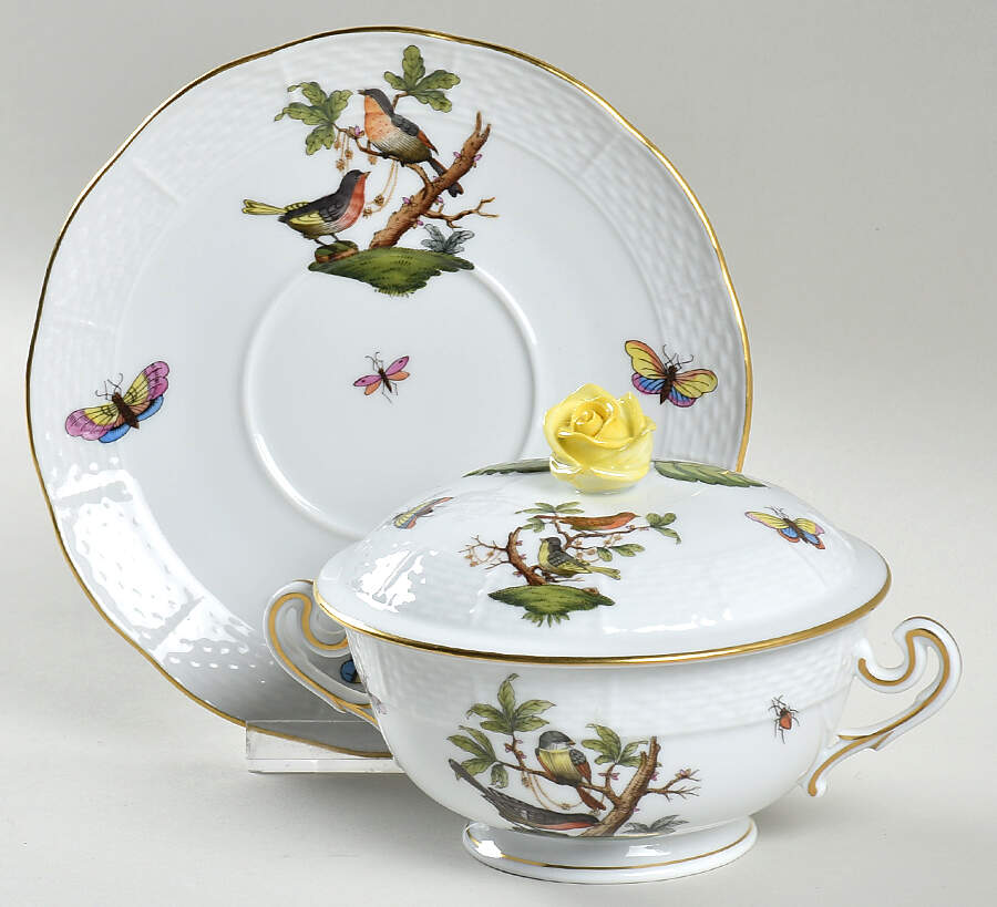Rothschild Bird (RO) Cream Soup Bowl & Saucer Set with LId by Herend-1