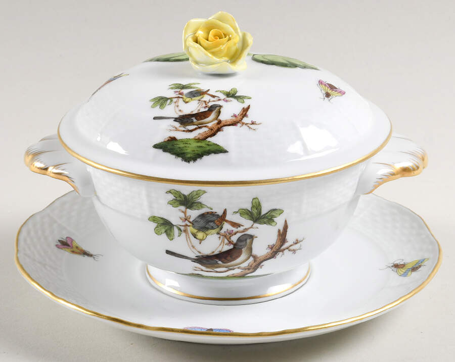 Rothschild Bird (RO) Cream Soup Bowl & Saucer Set with LId by Herend-1