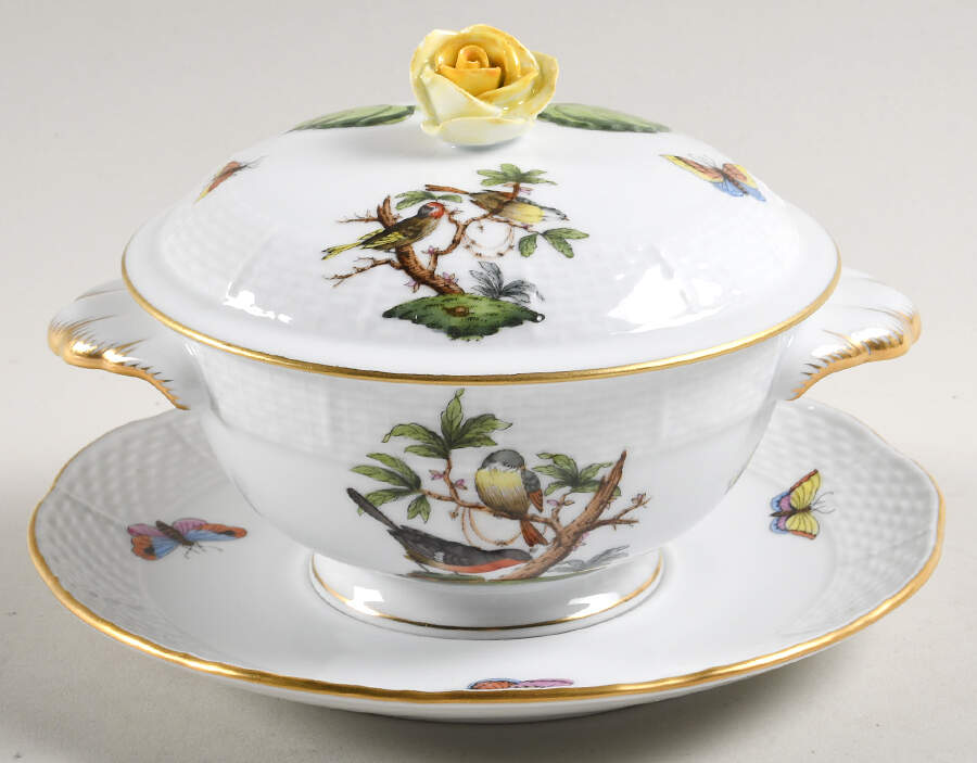 Rothschild Bird (RO) Cream Soup Bowl & Saucer Set with LId by Herend-1