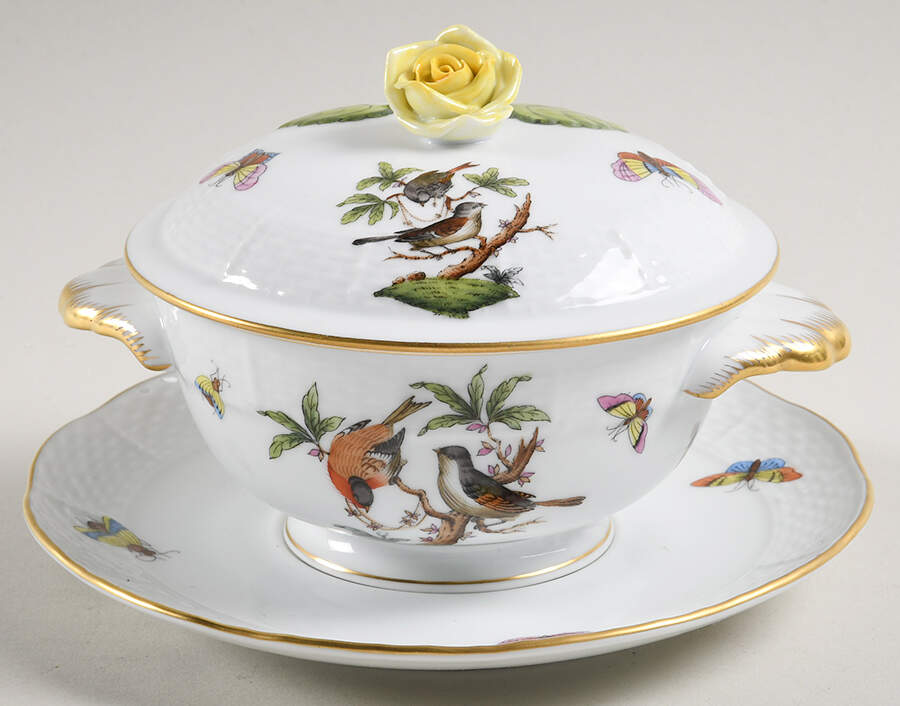 Rothschild Bird (RO) Cream Soup & Saucer Set with Lid by Herend-1