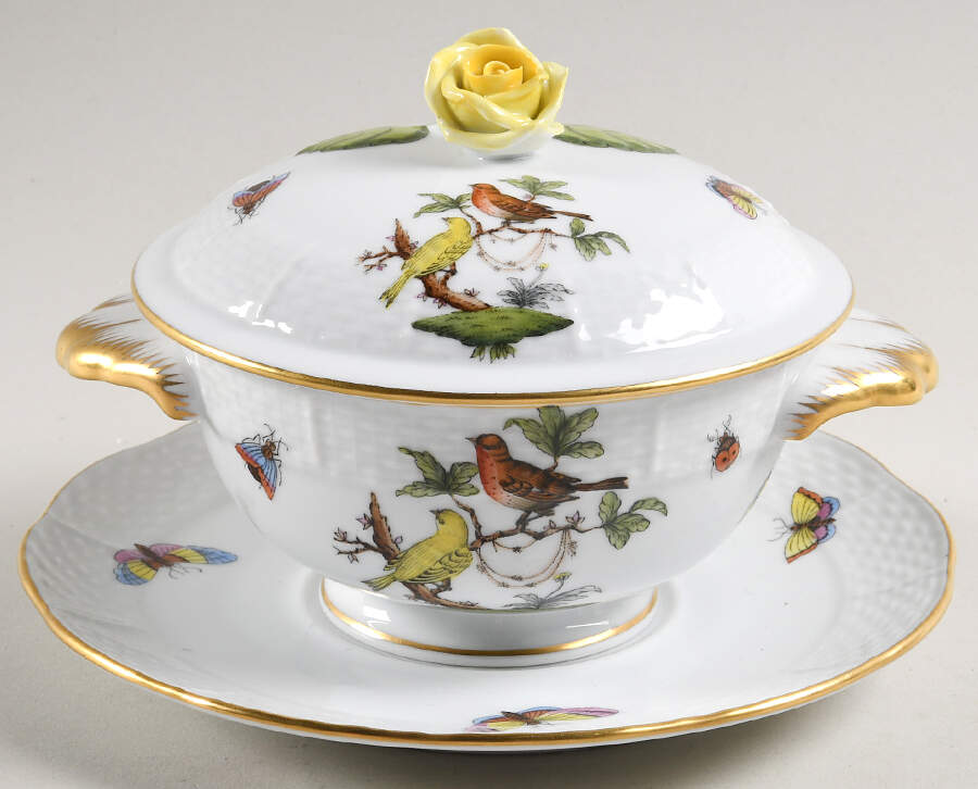 Rothschild Bird (RO) Cream Soup Bowl & Saucer Set with LId by Herend-1