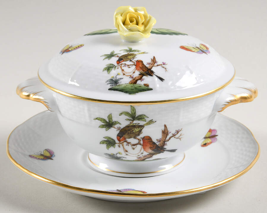 Rothschild Bird (RO) Cream Soup & Saucer Set with Lid by Herend-1