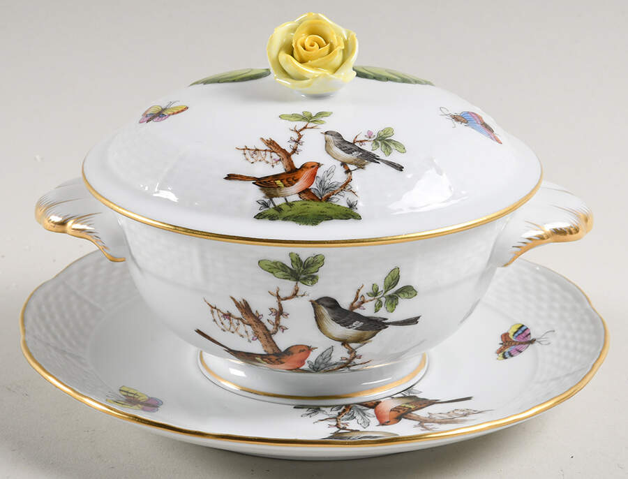 Rothschild Bird (RO) Cream Soup Bowl & Saucer Set with LId by Herend-1