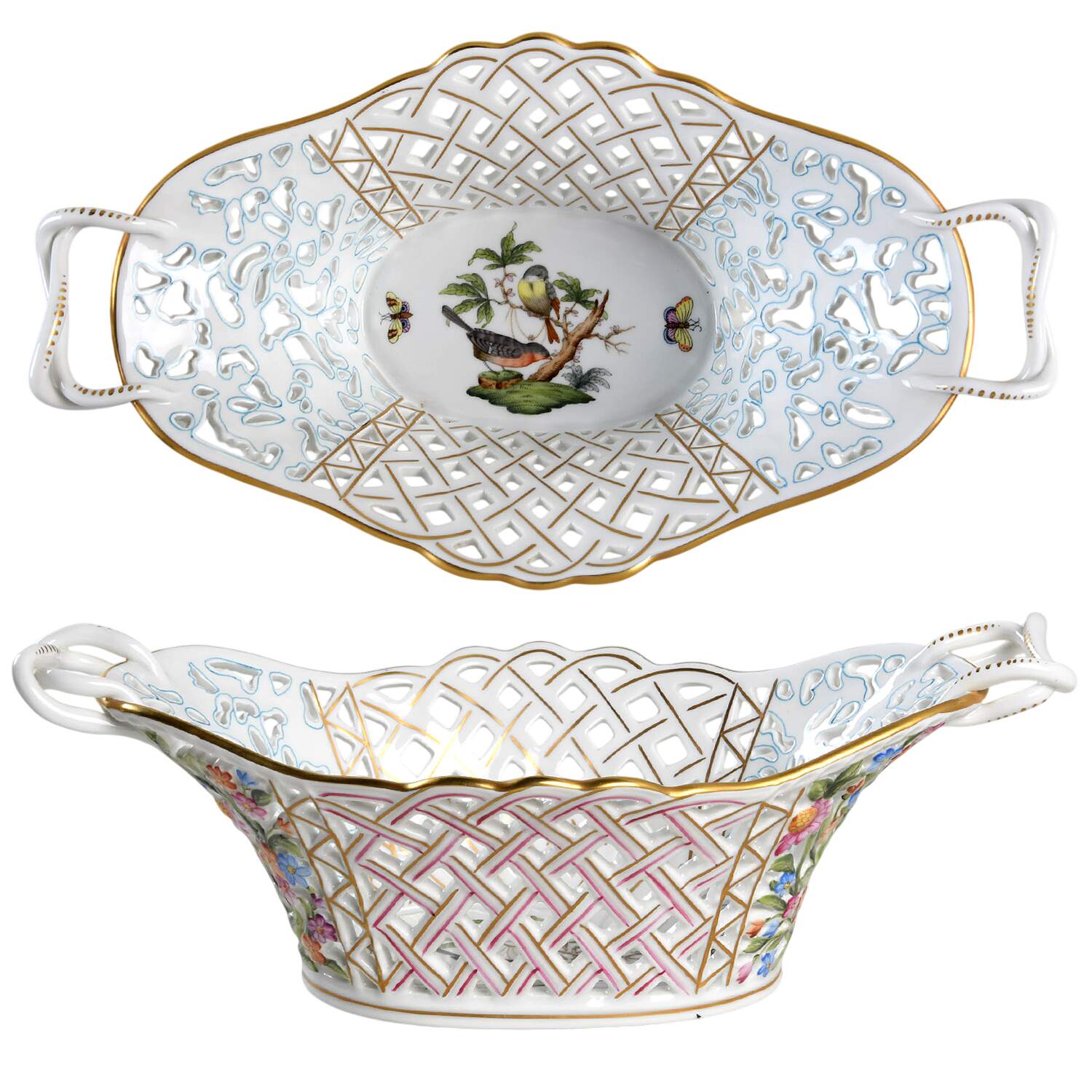 Rothschild Bird (RO) 11" Oval Pierced Basket by Herend-1
