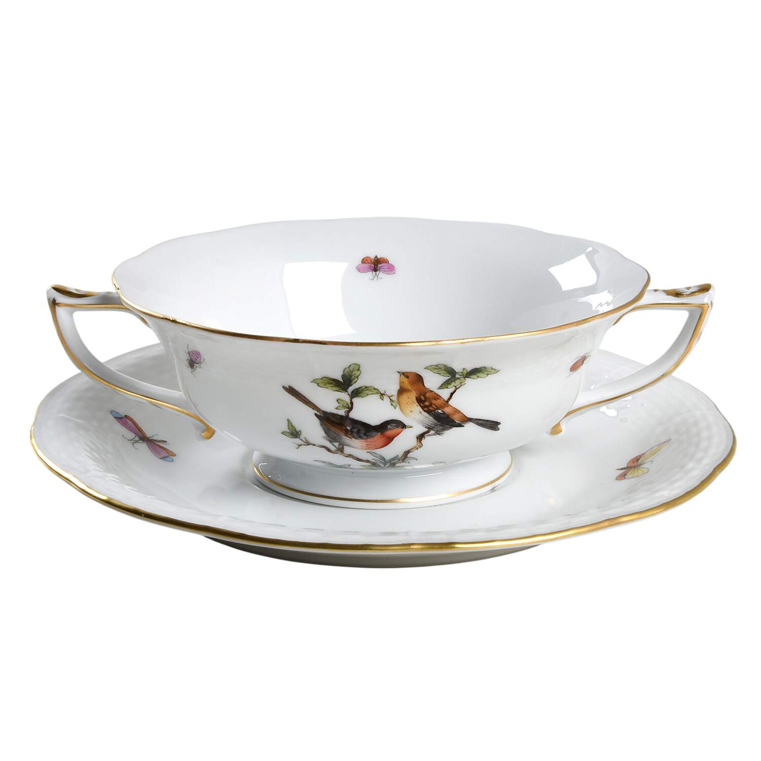 Rothschild Bird (RO) Footed Cream Soup Bowl & Saucer by Herend-1