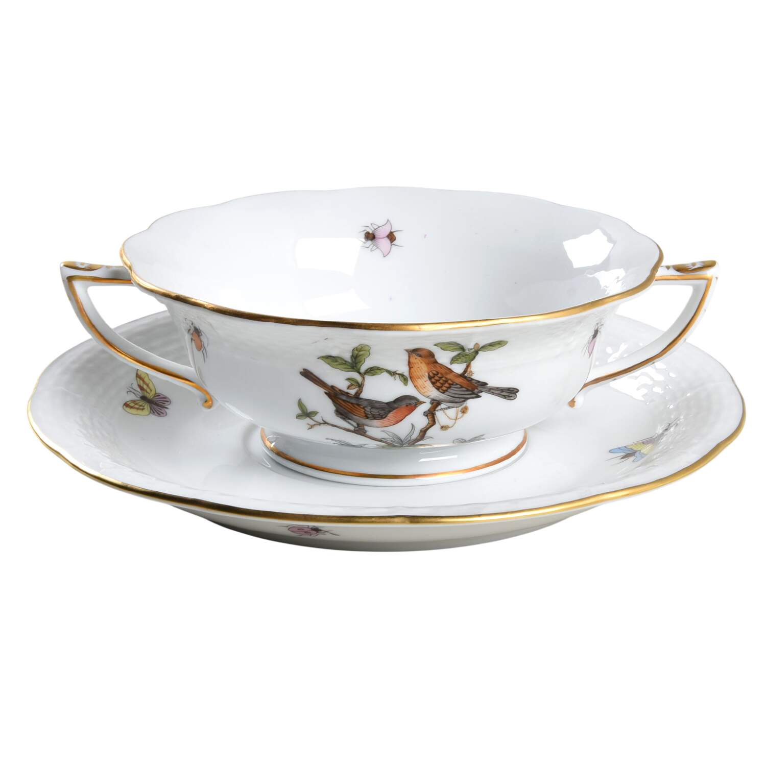 Rothschild Bird (RO) Footed Cream Soup Bowl & Saucer Set by Herend-1