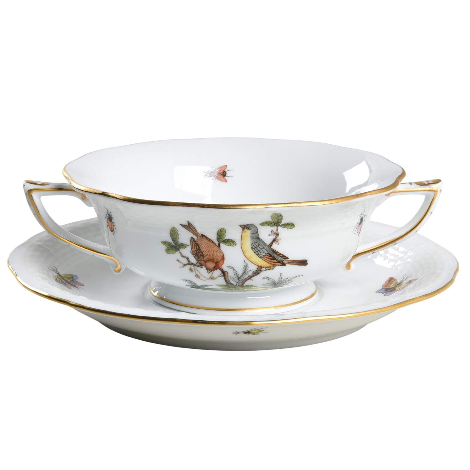 Rothschild Bird (RO) Footed Cream Soup Bowl & Saucer Set by Herend-1