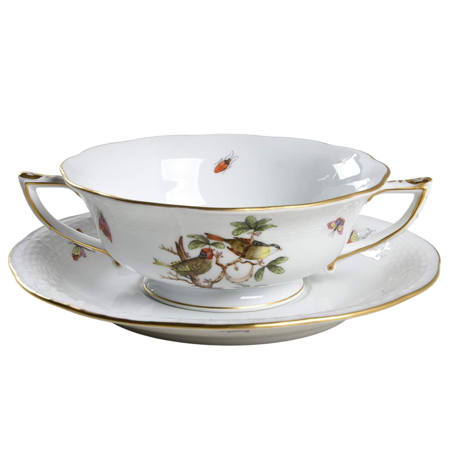 Rothschild Bird (RO) Footed Cream Soup Bowl & Saucer Set by Herend-1