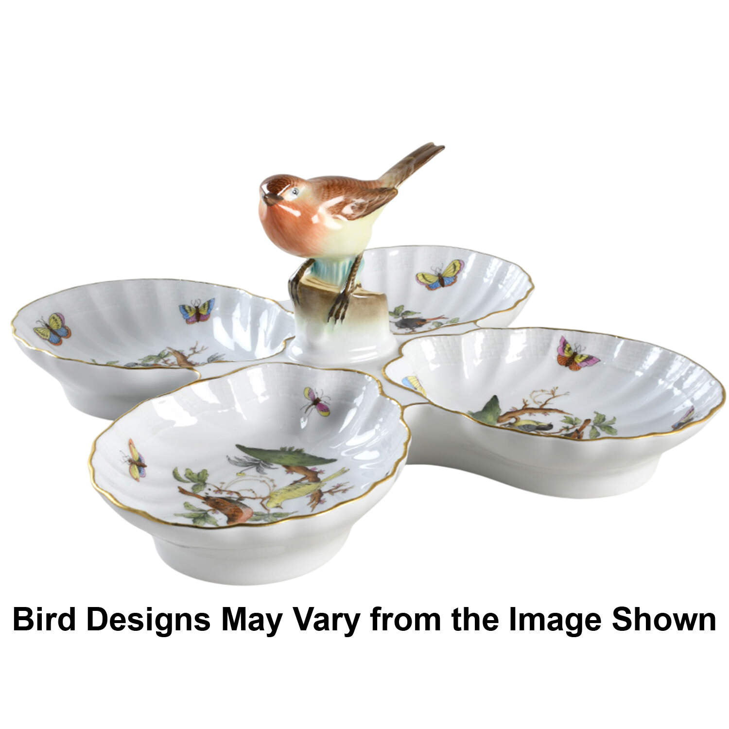 Rothschild Bird (RO) 4-Part Relish with Center Ceramic Bird Handle by Herend-1