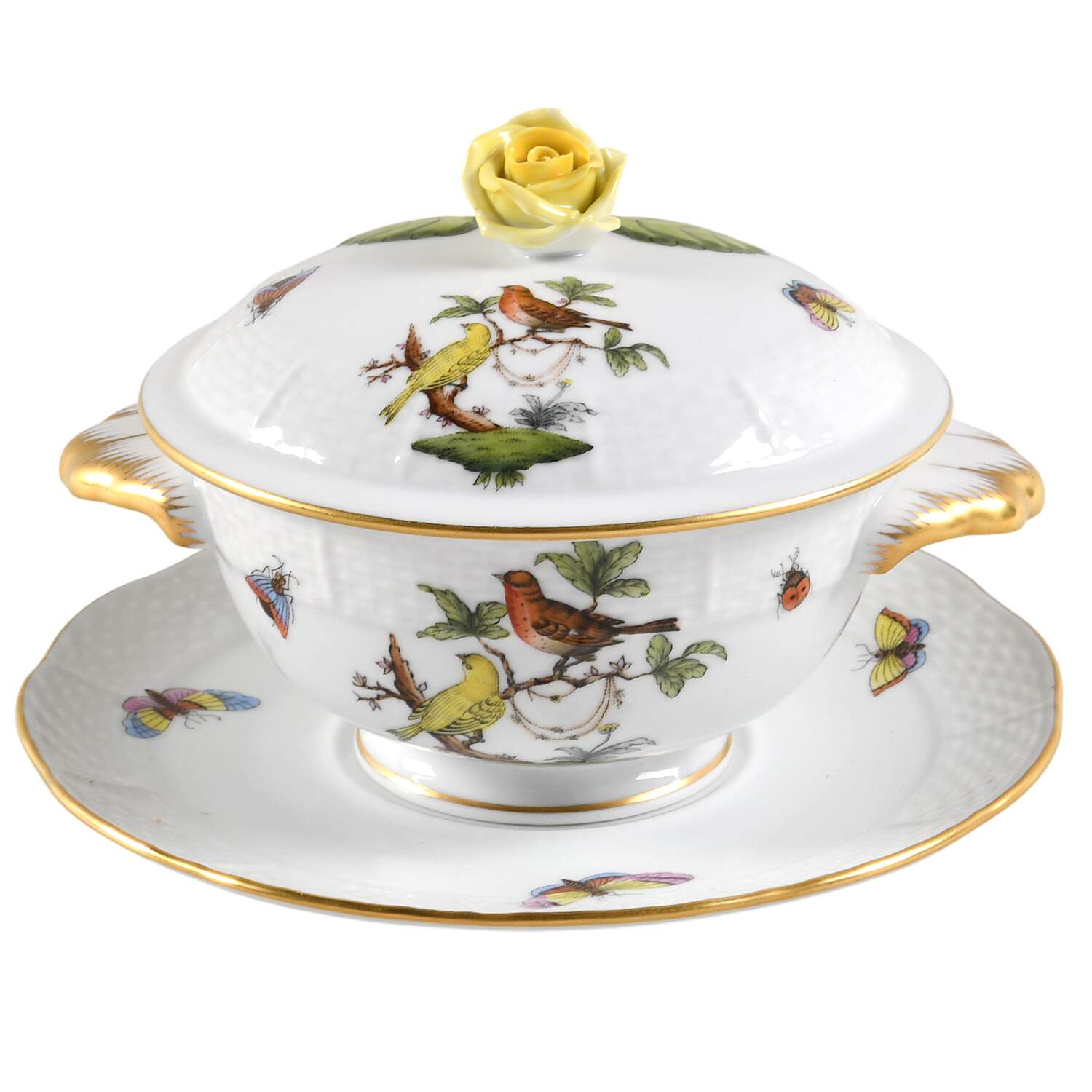 Rothschild Bird (RO) Cream Soup Bowl & Saucer Set with LId by Herend-1