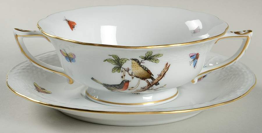Rothschild Bird (RO) Footed Cream Soup Bowl & Saucer Set by Herend-1