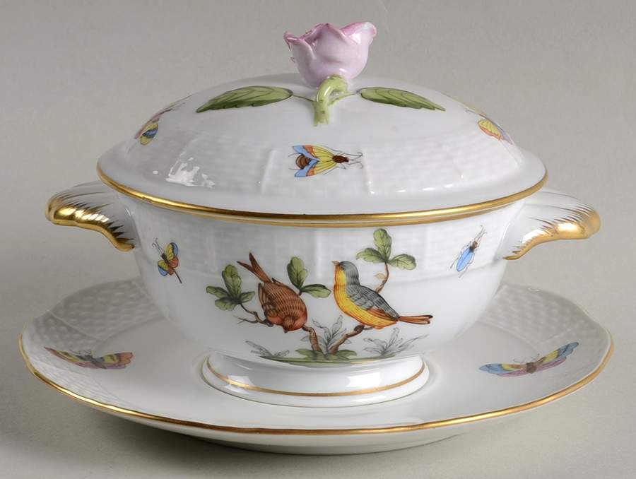 Rothschild Bird (RO) Cream Soup Bowl & Saucer Set with LId by Herend-1