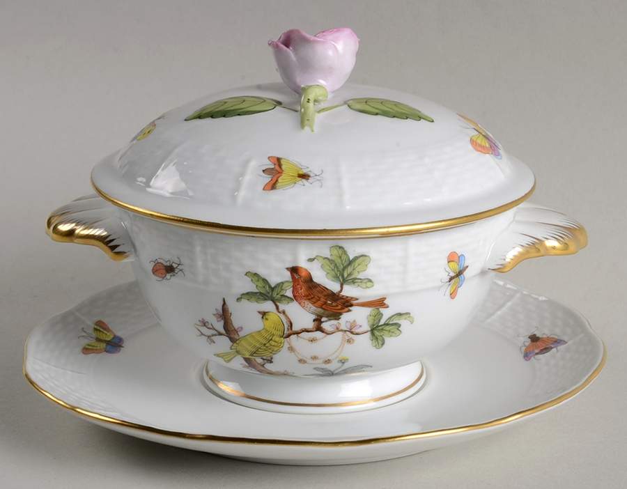Rothschild Bird (RO) Cream Soup Bowl & Saucer Set with LId by Herend-1