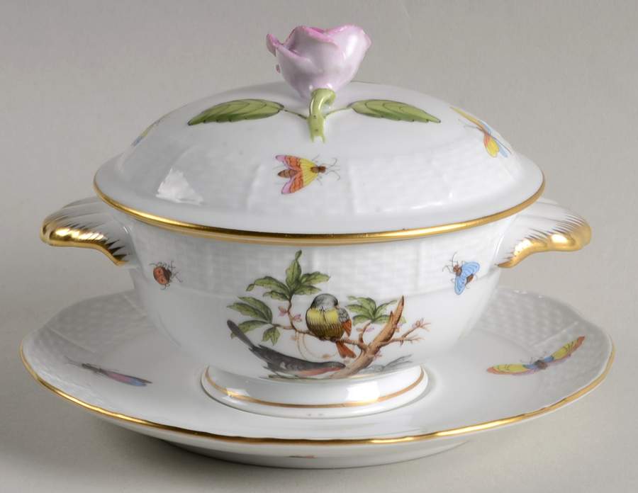 Rothschild Bird (RO) Cream Soup Bowl & Saucer Set with LId by Herend-1