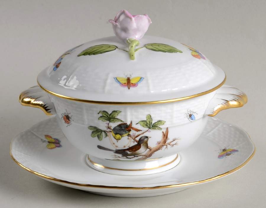 Rothschild Bird (RO) Cream Soup Bowl & Saucer Set with LId by Herend-1