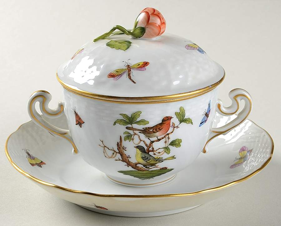 Rothschild Bird (RO) Cream Soup Bowl & Saucer Set with LId by Herend-1